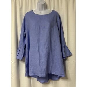 Crown Linen Designs Top XL Blue Linen Flare Tunic Beach Boho Lagenlook Casual